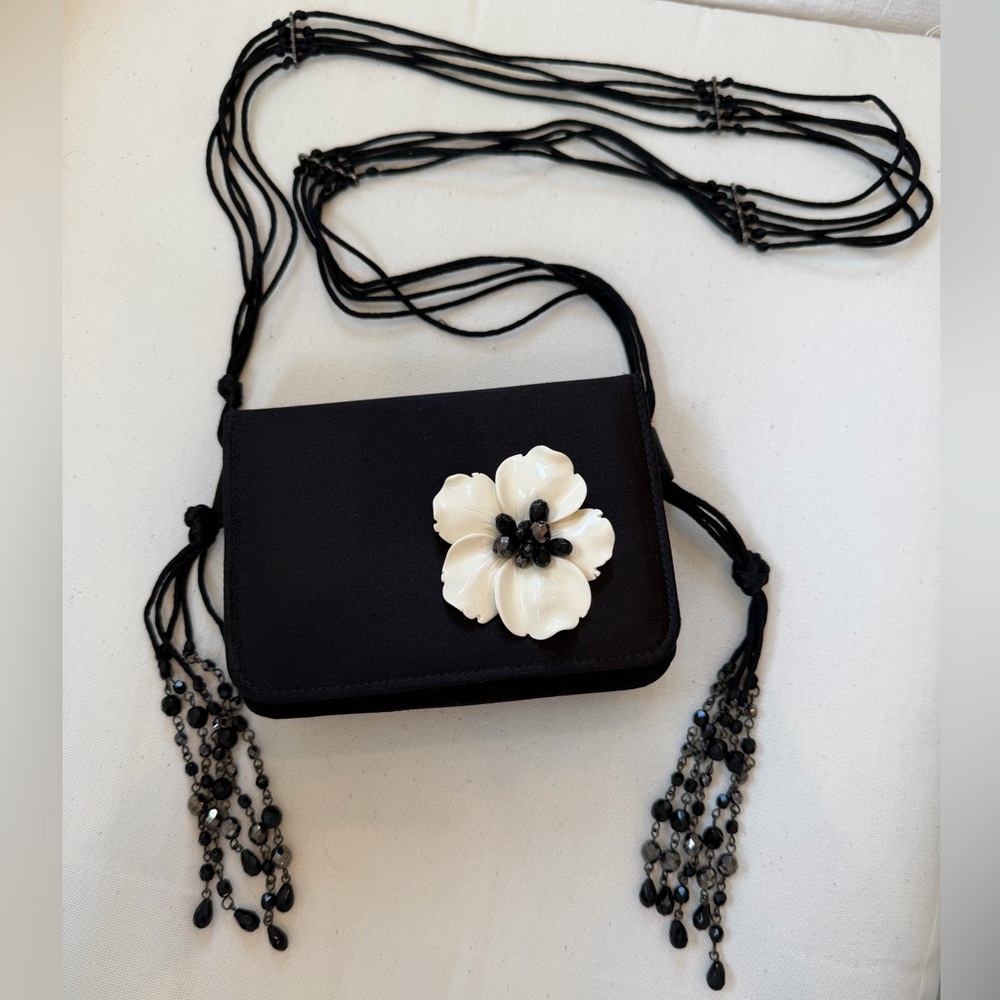 Anne Fontaine Black satin Crossbody with Ivory Floral Accent